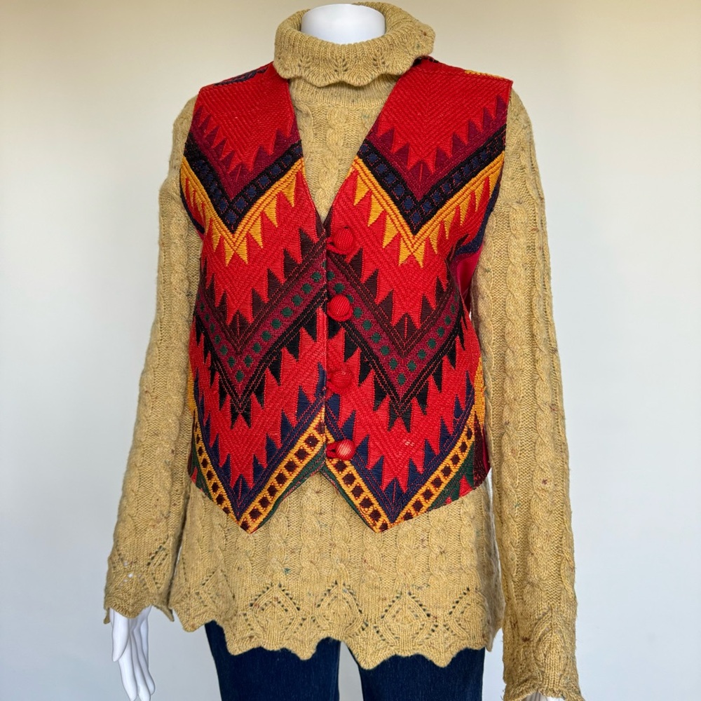 Vintage Alain Manoukian Italy Merino Wool Sweater Turtleneck Lace Cable Knit - Picture 3 of 17